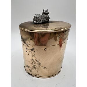 Vintage Brass Trinket Box Canister Jar Lidded With Cat On Top